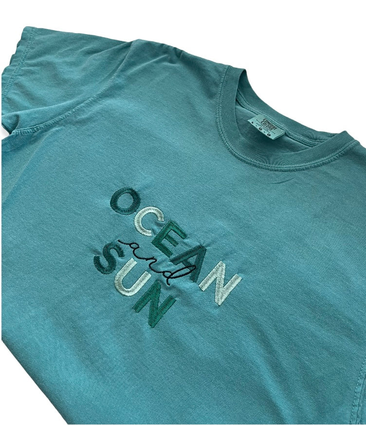 Ocean And Sun TEAL Embroidered T Shirt