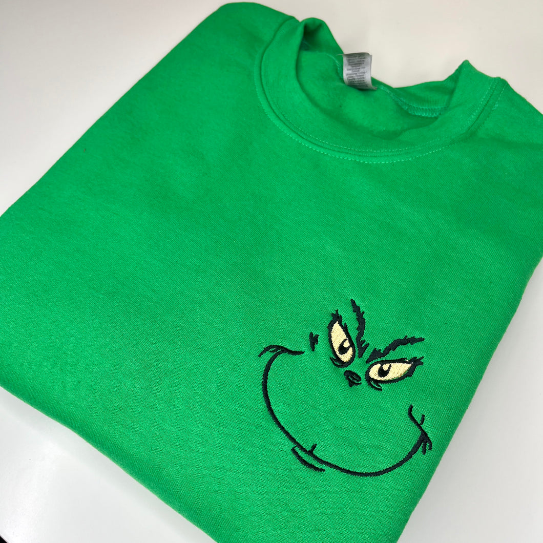 Grinch Face Green Embroidered Crewneck