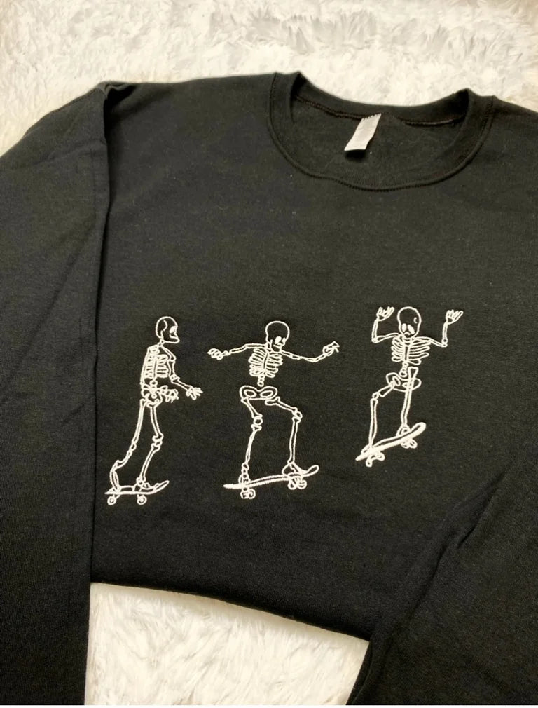 3 Skeletons Embroidered Crewneck Sweatshirt